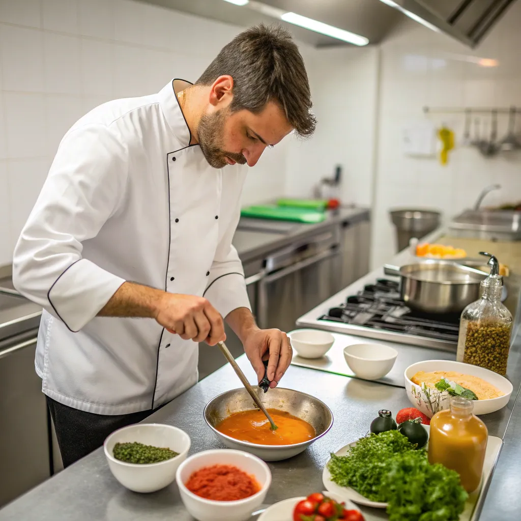 A chef preparing a delicious sauce in a well-equipped kitchen.